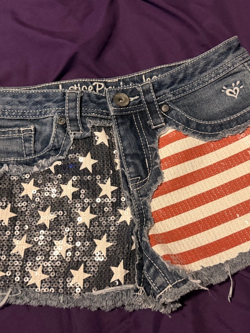 Justice Denim Shorts with Red & Blue Sequin Flag Panels